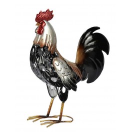 Animaux Jardin Fer : Coq en métal, Gris et Chocolat, H 39 cm