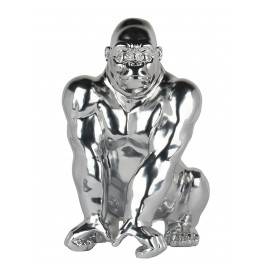 Statuette Gorille Design, Finition Argent Brillant, H 41 cm