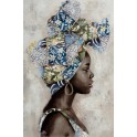 Tableau Peinture Femme : Africaine et Turban Bleu, H 120 cm