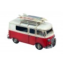 Van Combi Miniature en Fer, Modèle Galerie et Planche de Surf, Rouge, L 28 cm