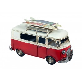 Van Combi Miniature en Fer, Modèle Galerie et Planche de Surf, Rouge, L 28 cm