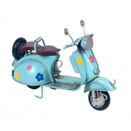 Miniature Scooter Vespa Métal : Modèle à Fleurs Bleu, L 17 cm