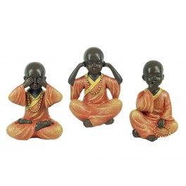 Set 3 Minis Figurines 3 Moines de la Sagesse en Kesa orange, H 10 cm