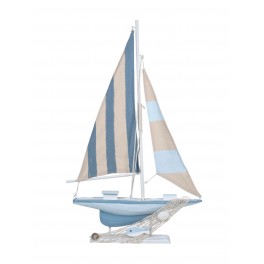 Bateau à voiles en bois, Bleu et Beige, H 55,5 cm