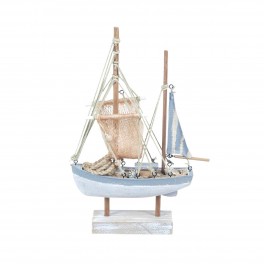 Vieux Bateau à Voiles décoratif : Bleu et Blanc, H 31 cm