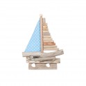 Bateau à Voiles fait Mains : Couleurs bois et bleu. H 31 cm.