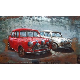 Tableau Métal 3D XL : Deux Voitures Mini Cooper S, L 100 cm