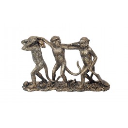 Grande Statuette Antic Line : Défilé de 3 Singes de la Sagesse, L 41 cm