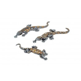 Déco Lézards : Set de trois geckos. Coll Argent & Or. L 21 cm