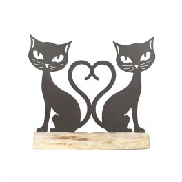Figurine Chat : Duo Chats en Métal sur Socle, L 26 cm.
