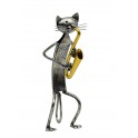 Statuette fer Musique : Le Chat Saxophoniste, Gris, H 26 cm