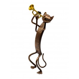 Statuette fer Musique : Le chat Trompettiste Cuivré, H 31 cm