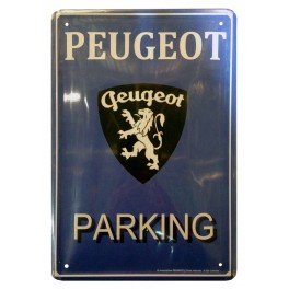 Plaque Métal bombée : Peugeot, Parking & Logo (Fond Bleu), 30 x 20 cm