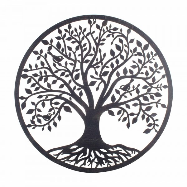 Déco murale arbre de vie et oiseaux cercle en métal noir 45 cm