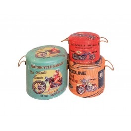 Set 3Tabourets-Coffres Vintage : Garage et Moto, H 42 cm (Grand)