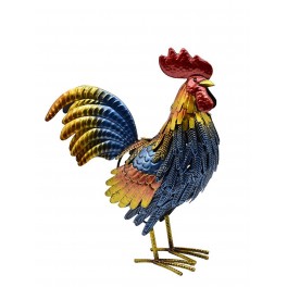 Figurine Jardin Fer : Coq Bleu au panache doré, H ré, H 38 cm