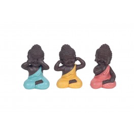 3 Statuettes Bouddha de la sagesse, Bleu, Jaune et Rose, H 7 cm
