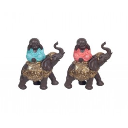 Set 2 Figurines Résine Ethnique : 2 Minis Bonzes Color Line sur éléphants, H 15 cm