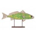 Déco Mer : Grand Poisson Labre Vert sur socle, Bois recyclé, L 39 cm