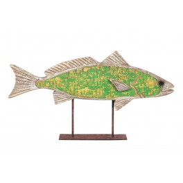 Déco Mer : Grand Poisson Labre Vert sur socle, Bois recyclé, L 39 cm