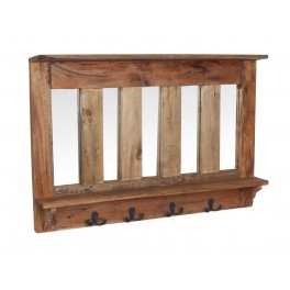 Portemanteau 5 Miroirs et 4 Patères de Suspension, Bois naturel, L 70 cm