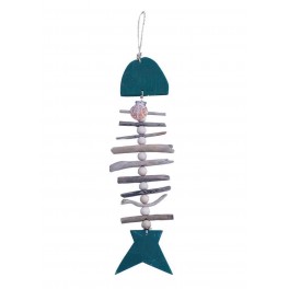 Suspension Murale Mer : Poisson Bleu, Perles et Bois Flotté, H 50 cm