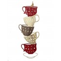 Déco Murale Fer : 4 tasses à Café empilées, Rouge et Or, H 66 cm