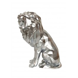 Grande Sculpture Lion Rugissant, Modèle Origami Gris Argent, H 41 cm