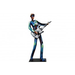 Sculpture Musique Métal : Le Guitariste Bleu, Finition Multicolore, H 50 cm