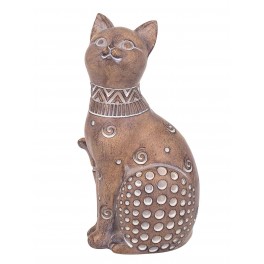 Figurine Chat Assis Bali, Aspect Bois et Motifs stylisés, H 24,5 cm