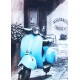 Plaque métal Rétro : Scooter Vespa Bleu, H 30 cm