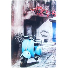 Plaque métal Rétro : Scooter Vespa Bleu, H 30 cm