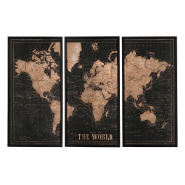 Set 3 Tableaux Bois : Grand Planisphère The World, L 180 cm