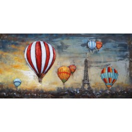 Tableau Métal 3D : Montgolfières dans le ciel de Paris, L 140 cm