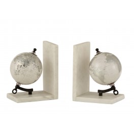 Serre-Livres, Socles Marbrés Blancs, 2 Globes, H 28 cm