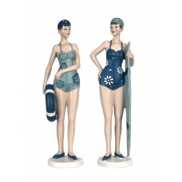 Set 2 Figurines Bord de Mer : Baigneuses Rétros Debout, Bleu, H 28 cm