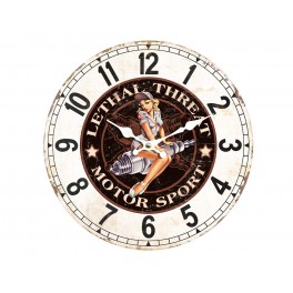 Horloge Bois MDF Vintage : Pin-up et Bougie, Menace létale, Diam 34 cm