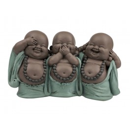 Figurine 3 Bouddhas Chinois de la Sagesse, Bleu. Coll Méditation, L 18 cm