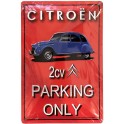 Plaque Métal bombée : Citroën 2CV Parking Only (Fond Rouge), 30 x 20 cm