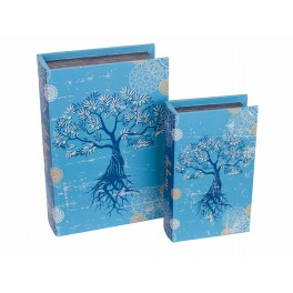 Set 2 Boites Livres : Arbre de vie fleuri, Bleu, H 27 cm (Grand)