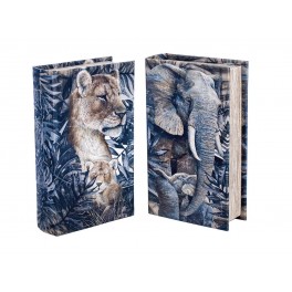 Set 2 Boites Livres : Lionne et éléphant Jungle, Bleu et Gris, H 21 cm