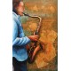 Tableau Métal 3D : Le Saxophoniste, Bleu et Doré, H 110 cm