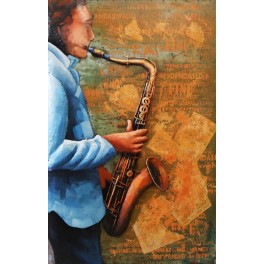 Tableau Métal 3D : Le Saxophoniste, Bleu et Doré, H 110 cm