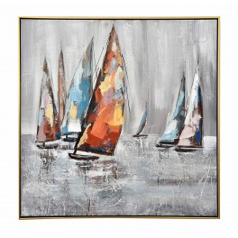 Tableau moderne : Voiliers multicolores, Encadrement Alu, H 80 cm