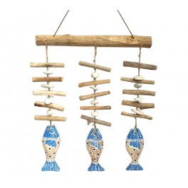 Déco Bord de mer : Mobile poissons bleus, bois flotté et galets, 45 cm