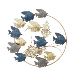 Déco Murale : Poissons bleus, Gris et Dorés et Cercle stylisé , H80 cm