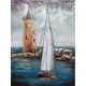 Tableau Métal 3D : Phare et Voilier en bord de mer, H 80 cm