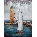 Tableau Métal 3D : Phare et Voilier en bord de mer, H 80 cm