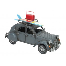 Miniature Voiture Vintage et Caravane Bleue, Planche de Surf & Valise. L 40  cm