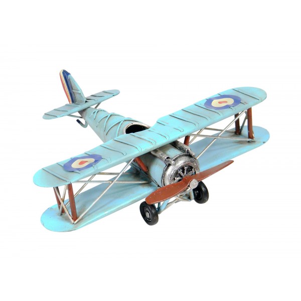 Avion miniature Laiton, Biplan Modèle Bleu, L 20 cm